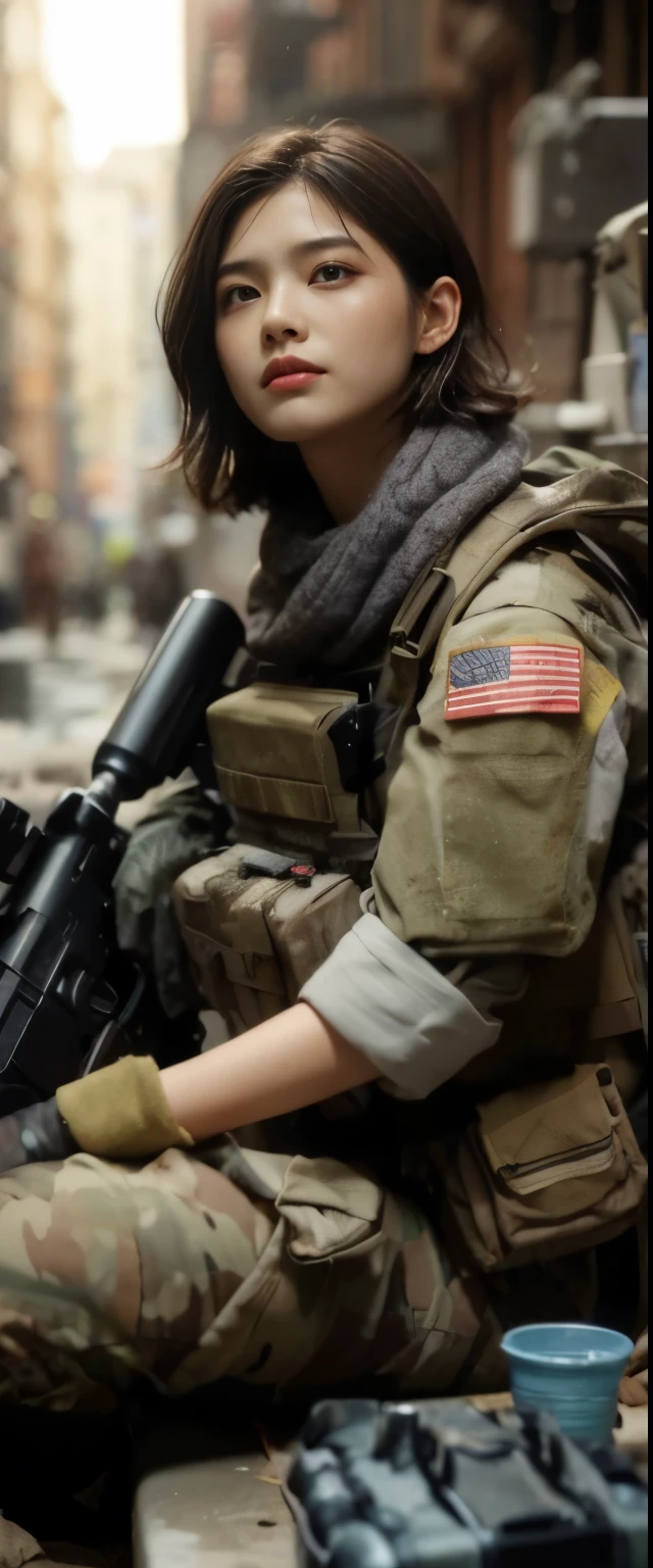 Photorealsitic、realistic skin textures、automatic rifle、wetting hair、wet face、Wet texture、sad Facial expression