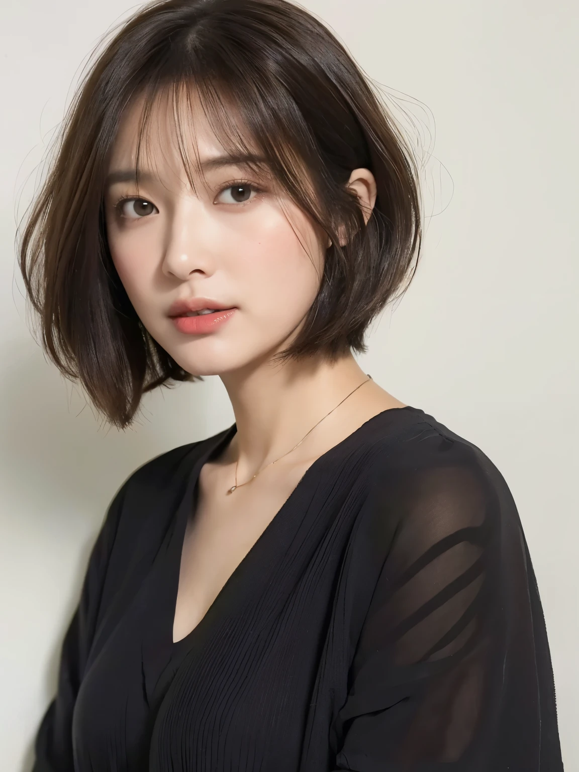 (Layered Haircut:1.2))、short wavy hair、8K、（Raw photography）、（top-quality）、（フォトreallistic：1.4）Realistic to the touch Realistic、(4Khigh-level image quality:1.2)、(High resolution, masutepiece, top-qualityの, high detailing, Official: 1.4), (Realistic: 1.2, ハイパーreallistic: 1.1, フォトreallisticです: 1.37), depth of fields, (Detailed description of hair), (Detailed description of face), Incomparable beauty,, (35 years old,: 1.4)、slightly depressed、white walls、Taken in front of the white door、((窓のあるwhite wallsの部屋))、natural soft light、short-hair、bobhairhair、reallistic、high-level image quality、hiquality、profile、Poses variadas、profile、bobhair、Random Poses、Autumn clothes、Winter clothes、 Necklace