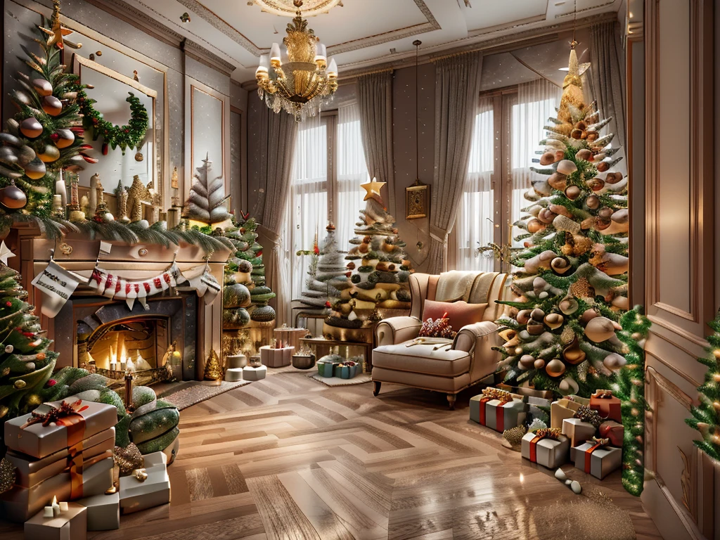 ultra real photo, tmasterpiece, Best quality, ultra - detailed, 超高分辨率, RAW photos,(Christmas living room),(圣诞豪华Decorative style),A fusion of gorgeous Christmas elements and symmetry,落地窗充满温暖的圣诞lamplight。Beautiful Christmas furniture is placed in the center,Includes comfortable Christmas style sofa and chairs,Mild color。(Huge Christmas artwork hanging on the wall),old color,(Christmas unique style)。(墙壁Decorative style以圣诞元素Decorative style,The fireplace is warm、Lanterns hanging on the stairs、Colorful gifts wrapped under the Christmas tree、The floor is piled with gifts、wooden floor、Decorative style的松树、镶wooden floor、Manta ray and green、Christmas atmosphere、传统的Christmas atmosphere、Merry Christmas、gift tags、Christmas wreath、Decorative style、metal ribbon、Christmas tree lights、Candy and Snacks,Gingerbread Man,lamplight),Complements the mirror wall,Broaden the sense of space。(Ornate ceiling design with Christmas elements,悬挂的圣诞彩灯Decorative style让房间充满温暖, Soft lighting)。European Christmas style living room,ultra real photo,Extremely detailed and highest quality CG Unity 8K wallpapers