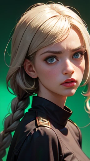(piece of master), (best quality), um close-up, de uma menina, com cabelo platinado, (cabelos brancos prateados), with double braids, her name is Revenge, (((call it revenge)), ela Ela tem um rosto perfeito, pele bronzeada, olhos verdes, an angry expression, controlled rage, ela sempre se esconde nas sombras, usa um colete com capuz, feito de couro escuro.