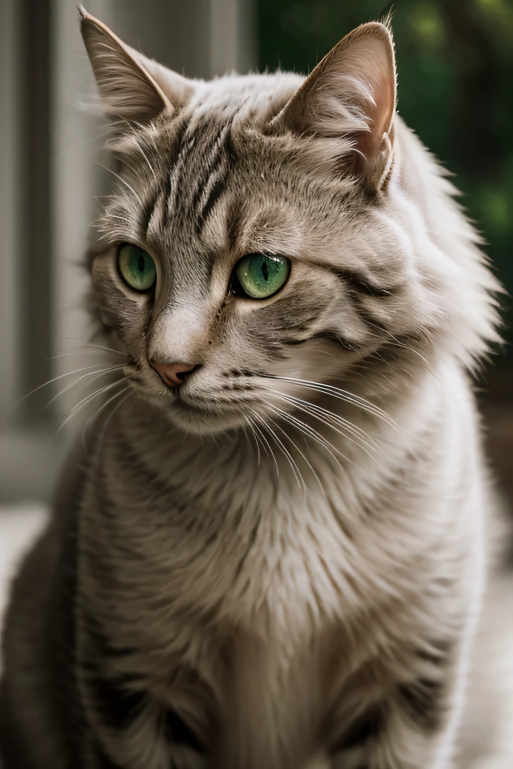 (best quality,4k,8k,Altas,master part:1.2),ultra-detalhado,(Realistic,photoRealistic,photo-Realistic:1.37),retrato,European shorthair cat,olhos verde-esmeralda,pele elegante e bem cuidada,foco nítido,soft lighting,Bigodes detalhados,olhar intenso,proud and confident expression,tons de cinza e branco,cores vibrantes,pinceladas delicadas,Highlighted textures,olhar cativante,atmosfera serena e calma,intimate and personal perspective,jogo sutil de luz e sombra,detalhes finamente capturados,subtle gradation in the background,subtle suggestion of movement on the skin,Recursos refinados,pose graciosa,serene and dignified presence,meticulosamente renderizado,profundidade e riqueza na pele,Emotivo e cativante,transcende a realidade,classic and timeless beauty,toque sutil de calor e profundidade,impeccable craftsmanship,requintado e sofisticado,encantador e expressivo,attention to every detail,dreamlike environment,sereno e tranquilo,hipnotizante e encantador,paleta de cores sutil,ethereal and delicate,Regal e majestoso,imposing and imposing presence,enchanted and ethereal