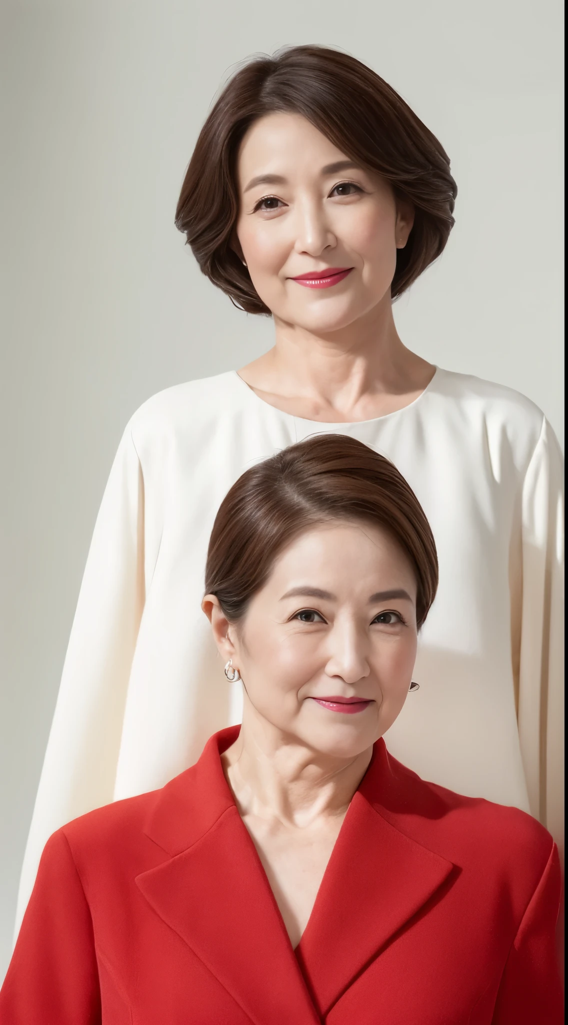 (((Solo))), Elderly Mature Woman, Pure white background, gravure, facing front, ((Center your face on the screen)), Correctly depict lips,red-lips, Fancy makeup, from the chest up, masutepiece, Best Quality, Ultra-detailed, Photorealistic, Ultra-detailed細なスキン, Perfect Anatomy, (1 japanese mature woman), (Positive), 95 years old, huge udder, Mature Woman Politician, glamor, A sexy, Chromo-white skin, Looking at Viewer,