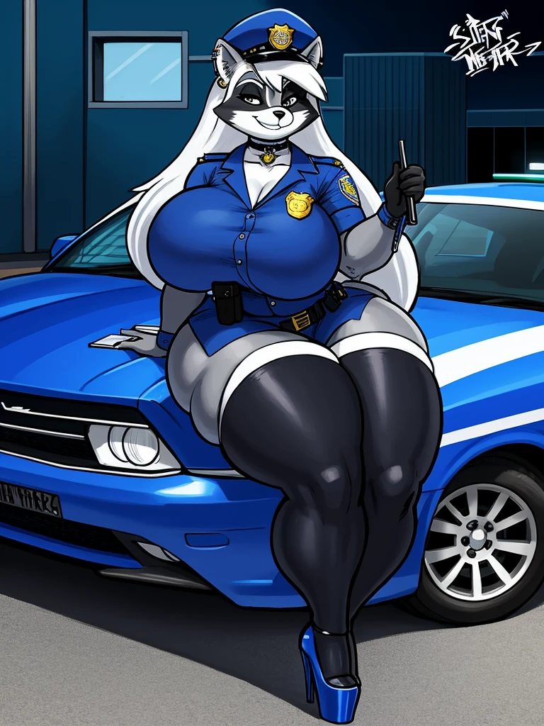 by sligarthetiger, by sssonic2, (large breasts), (wide hips), (thick thighs), (big butt), furry, anthro, raccoon, high heels, best quality, illustration, tail, police car, white inner ear, thigh high stockings, grin, choker, police station, , platform heels, wink, grey body, piercings, belly piercing, long hair, white hair, cap, thigh highs, hair on sides, on top of car, police uniform, solo, solo focus, topwear, badge, baton,