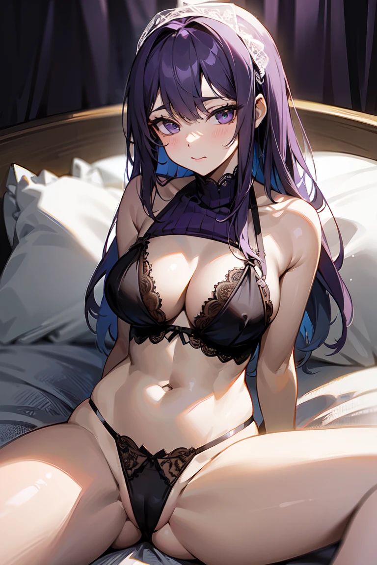 ((masuter piece　Top image quality　top-quality)) ((married woman:1.5)) ((爆乳))  ((Bakujiri)) ((lace-knit purple g-string:1.5)) ((Wheat-toned skin:1.0))  ((perspiring: 1.3)) ((sigh:1.0)) on the bed at night　(lie on one's side) (Spread your legs)