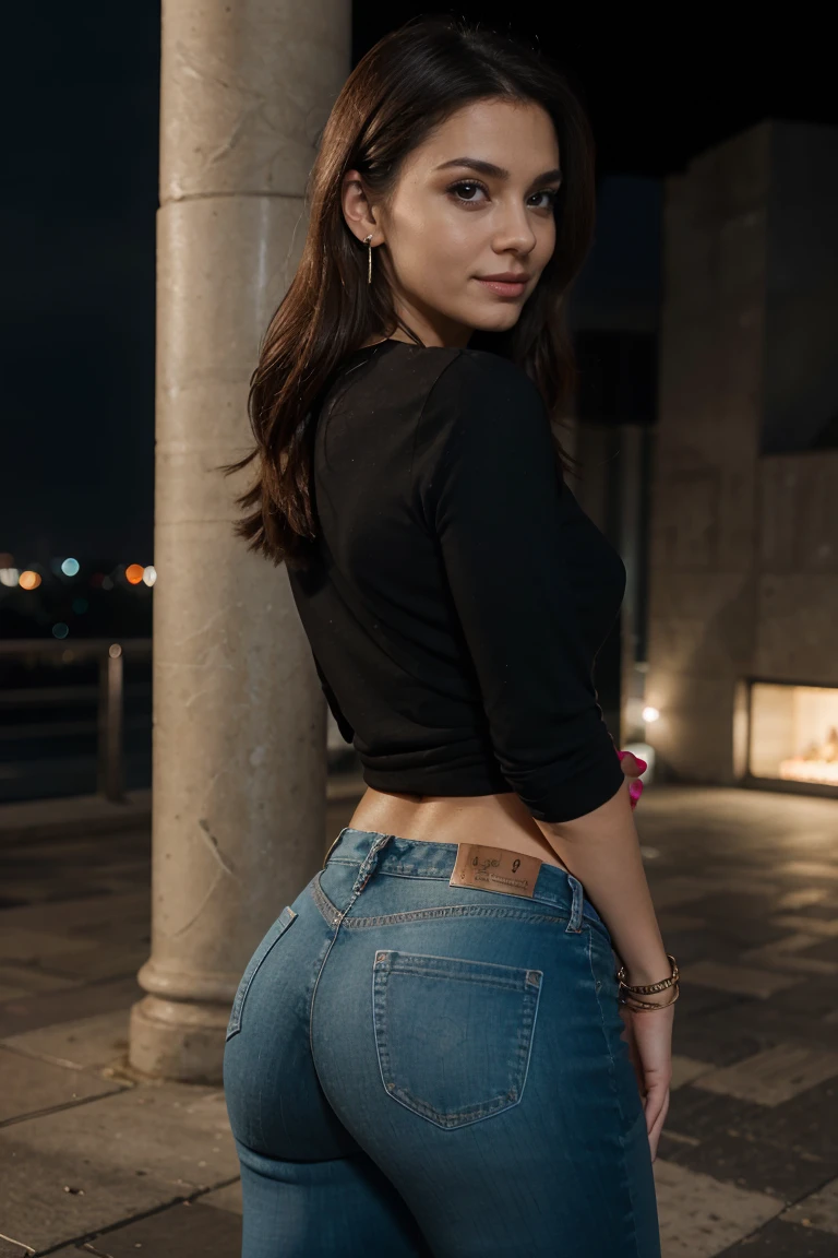 Blue Eyes), smiling, beautiful woman of 35 years old, short shoulder length hair (bob), pale white skin (highly detailed), bright blue eyes, perfect body, makeup, red lips, ((small breast). (Best Quality, 8k, Masterpiece: 1.3), perfect hands, Clear Focus: 1.2, Perfect Body Beauty: 1.4 , Slender Abs: 1.2, Highly detailed face and skin texture, detailed eyes, double eyelids, red lips, (very long sweater), tight jeans, standing, dynamic pose, look back, in an amusement park at night illuminated by the lights of the games, Colored lights, deep on field