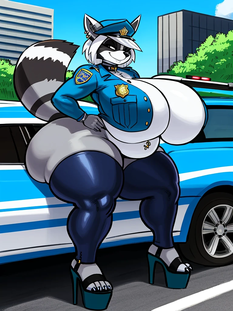 by sligarthetiger, by sssonic2, (large breasts), (wide hips), (thick thighs), (big butt), furry, anthro, raccoon, high heels, best quality, illustration, tail, police car, white inner ear, thigh high stockings, grin, choker, police station, , platform heels, wink, grey body, piercings, belly piercing, hair, white hair, cap, thigh highs, hair on sides, on top of car, police uniform, solo, solo focus, topwear, badge, baton,