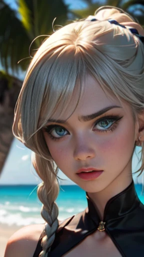 (piece of master), (best quality), um close-up, de uma menina, com cabelo platinado, (cabelos brancos prateados), with double braids, her name is Revenge, (((call it revenge)), ela Ela tem um rosto perfeito, pele bronzeada, olhos verdes, an angry expression, controlled rage, ela sempre se esconde nas sombras, usa um colete com capuz, feito de couro escuro.