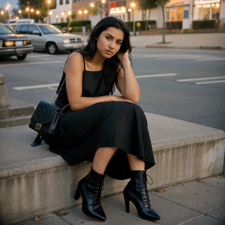 masterpiece, realistic photography, keep the original elements of original photography, perfect body, full body, realistic skin, natural skin color, perfect face, 40 year old Latin woman, sitting on the edge of the public sidewalk, long black hair, black dress, black high-heeled dress shoes, and on her right arm a black woman's purse, on a night, high definition photograph taken with a Nikon camera and 35mm film roll, best quality