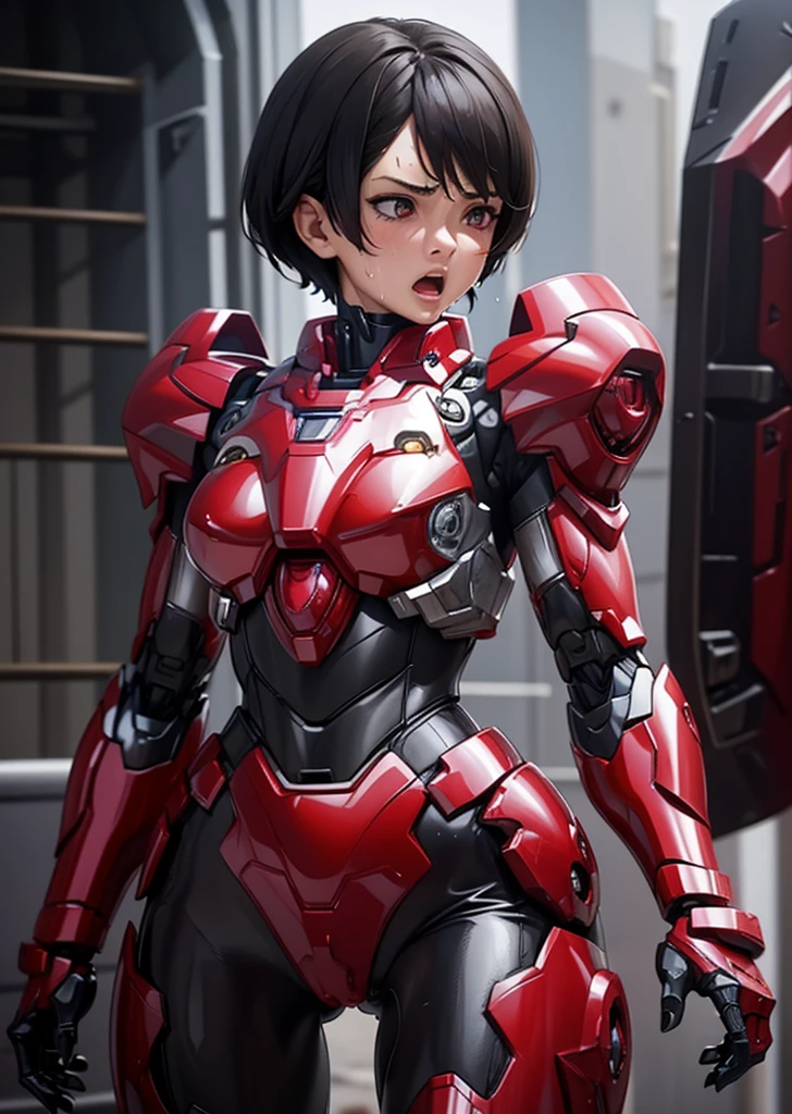 Female Iron Man(Red and black)、The sheen、short cut hair、Textured skin, Super Detail, high details, High quality, Best Quality, hight resolution, 1080p, hard disk, Beautiful,(Gundam),beautiful cyborg woman,Mecha Cyborg Girl,Battle Mode,Woman with a mecha body,Fulll body Shot、、Expression of bitterness、Sweaty face、、narrow her eyes、、a sultry、sodden、、Steam from the head、Spread your crotch、Embarrassing face、Opening Mouth、Face holding back　A dark-haired　short-haired　sodden　lots of people wearing the same clothes