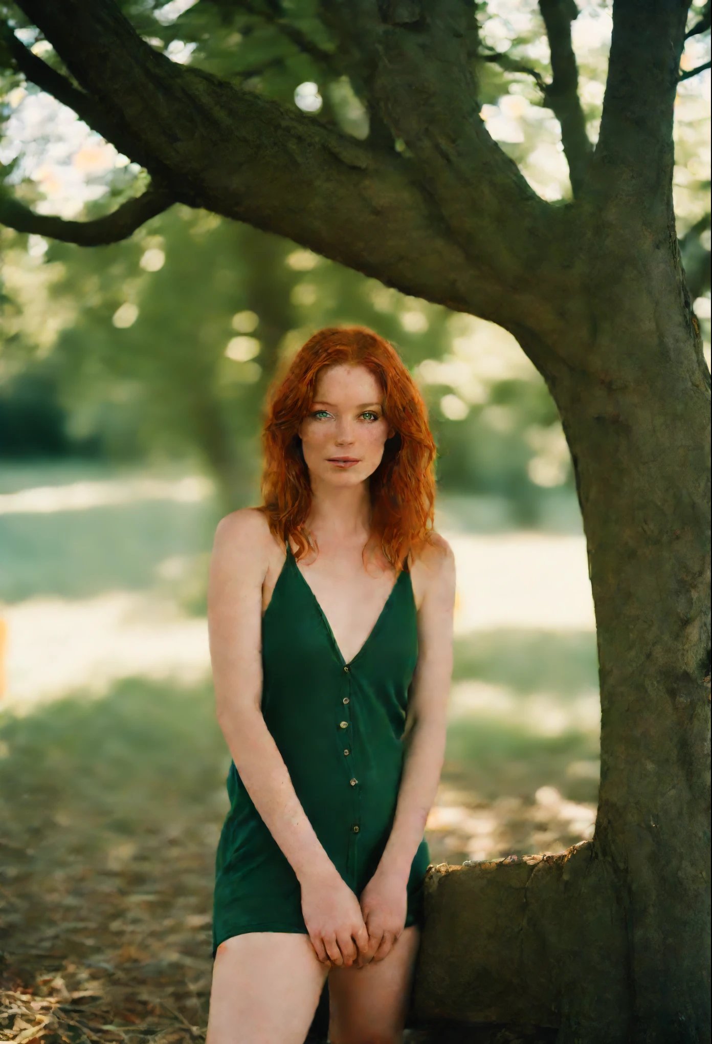 red haired woman with green eyes, freckles, looking sensual, smiling warmly, natural beauty, naked, legs open full length body shot, under a tree in a wooded area on a sunny day shot on Kodak Gold 400