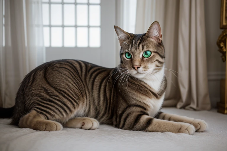 (best quality,4k,8k,highres,masterpiece:1.2),ultra-detailed,(realistic,photorealistic,photo-realistic:1.37),portrait,European shorthair cat,emerald green eyes,elegant and well-groomed fur,sharp focus,soft lighting,detailed whiskers,intense stare,proud and confident expression,shades of gray and white,vibrant colors,delicate brushstrokes,highlighted textures,captivating gaze,serene and calm atmosphere,intimate and personal perspective,subtle play of light and shadow,finely captured details,subtle gradation in the background,subtle hint of motion in the fur,refined features,graceful pose,serene and dignified presence,meticulously rendered,depth and richness in the fur,emotive and captivating,transcends reality,classic and timeless beauty,subtle touch of warmth and depth,impeccable craftsmanship,exquisite and sophisticated,charming and expressive,attention to every fine detail,dreamlike ambiance,serene and tranquil,mesmerizing and enchanting,subtle color palette,ethereal and delicate,regal and majestic,imposing and imposing presence,enchanted and ethereal