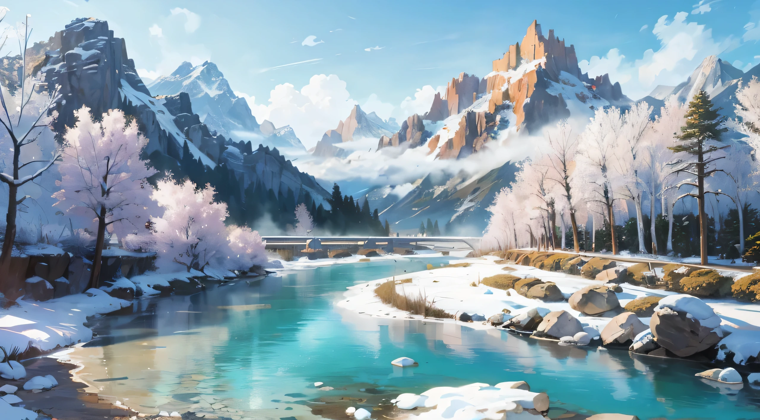 ((Ultra-detailed)), (top-quality), ((masutepiece)), ((Super exciting)), ((8K)), ((1080p)), ((extremely clear)), ((Very sophisticated)), ((Anime Graphics)), ((Anime quality)), ((Anime Illustration)), ((anime wallpaper)), (Ray tracing), ((3D Graphics)), (((Nature View)), ((mont)), ((River)), ((extremely clear water))), ((Blue sky)), (Clouds), ((Rock), (Fog)), ((Snow)),