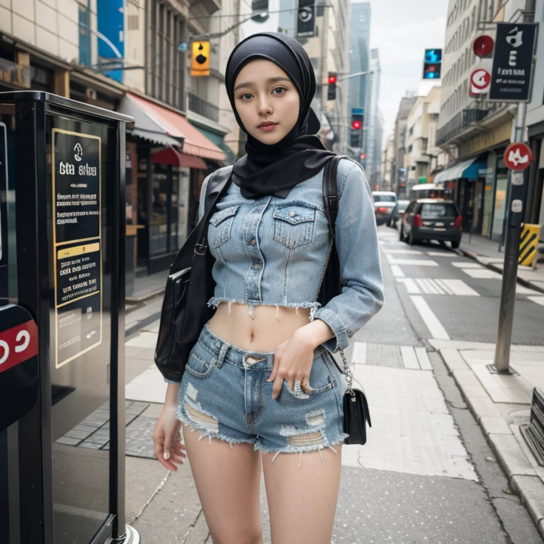 ((Masterpiece,Best Quality)),1girl,(Standing at a bus stop),beautiful detail eyes, Detailed Face, (full - body:1.2),(Short denim top and ripped denim shorts:1.2), White long hair, red eyes,small breast size, (Black background:1.2), Bloody particles, shaded face, ssmile, using hijab, hijab,