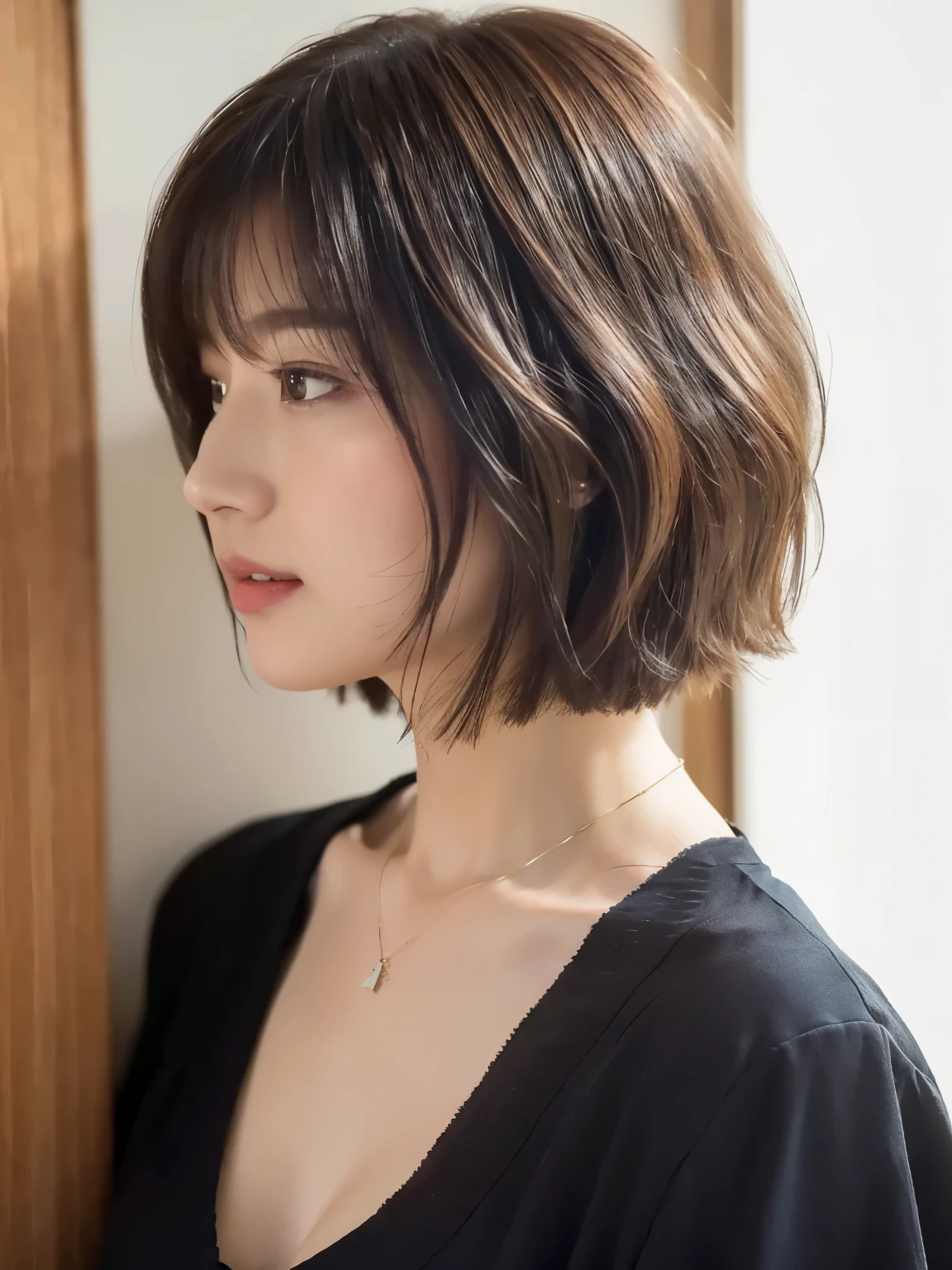 (Layered Haircut:1.2))、short wavy hair、8K、（Raw photography）、（top-quality）、（フォトreallistic：1.4）Realistic to the touch Realistic、(4Khigh-level image quality:1.2)、(High resolution, masutepiece, top-qualityの, high detailing, Official: 1.4), (Realistic: 1.2, ハイパーreallistic: 1.1, フォトreallisticです: 1.37), depth of fields, (Detailed description of hair), (Detailed description of face), Incomparable beauty,, (35 years old,: 1.4)、slightly depressed、white walls、Taken in front of the white door、((窓のあるwhite wallsの部屋))、natural soft light、short-hair、bobhairhair、reallistic、high-level image quality、hiquality、profile、Poses variadas、profile、bobhair、Random Poses、Autumn clothes、Winter clothes、 Necklace