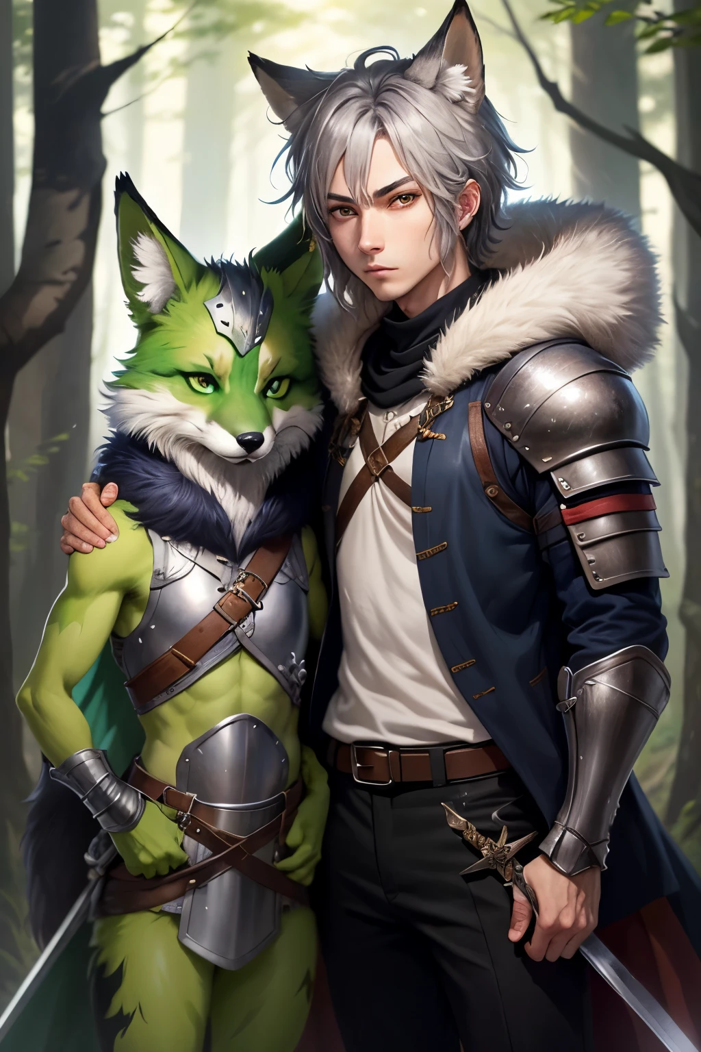 fox fursona, anthropomorphic, with green body fur with silver highlights, green eyes, with a gray jacket and black pants torn at the knees with a knight's sword in its sheath at his waist, anime style with a forest background