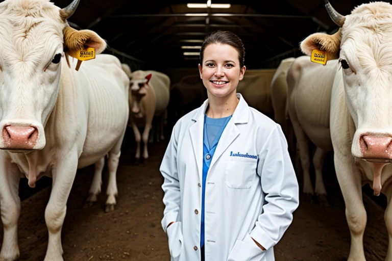 veterinarian in white lab coat standing in stable next to some cows