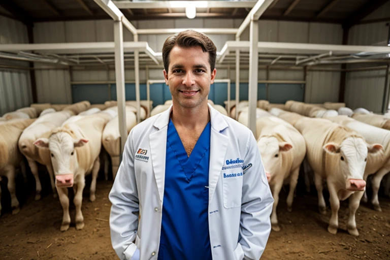 veterinarian in white lab coat standing in stable next to some cows