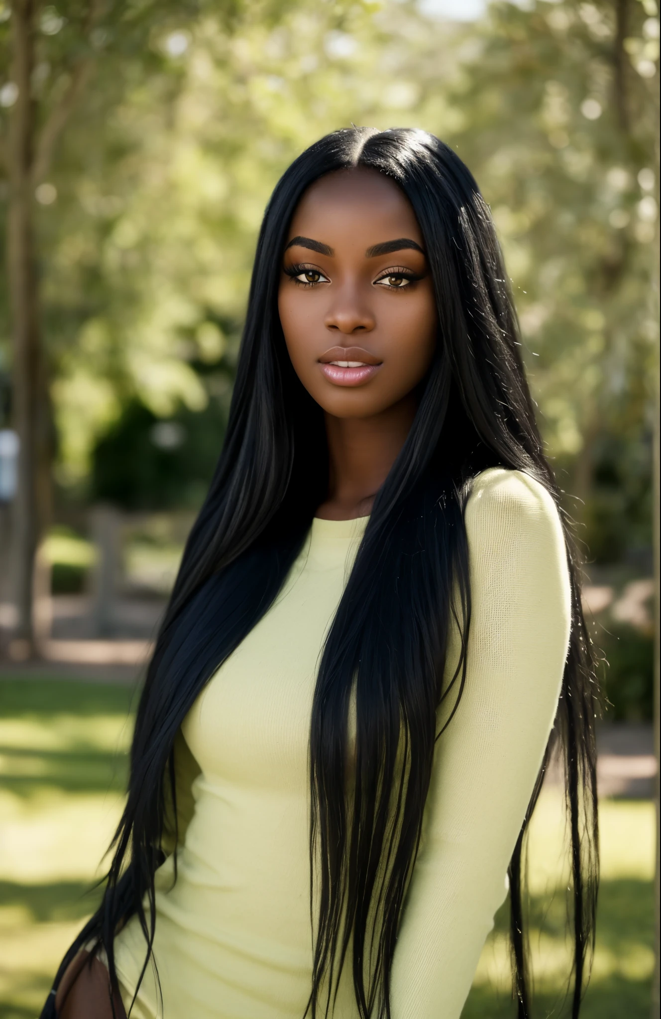 Photorealistic portrait of a 21 year old ebony  girl with long flowing black hair and striking light green eyes. It must have a natural and accessible expression and be lit by soft, golden light. The background should be a picturesque outdoor setting, such as a sunny park or beach. Capture this image with high-resolution photography using an 85mm lens for a flattering perspective.