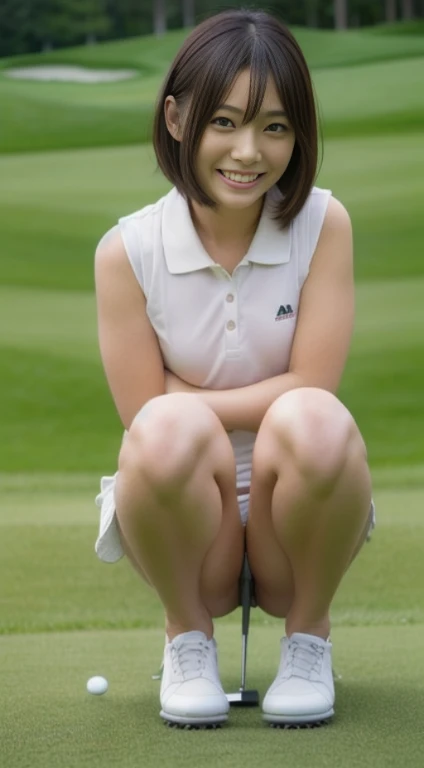 (masutepiece:1.3), (8K, Photorealistic, Raw photography, Best Quality: 1.4), Beautiful face, (Lifelike face), (short-cut:1.3), Realistic eyes, Beautiful eyes, (realskin), Beautiful skin, Ultra high definition, Hyper-realistic, hight resolution, Beautiful Japan Woman、(Golf Wear:1.4)、(a miniskirt:1.2)、(Sexy buttocks:1.5)、(pantiy:1.3)、A smile、12year old