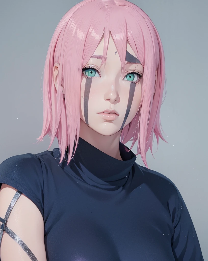 young woman, light skin, wide forehead, short bubblegum pink hair, jade green eyes, buttoned nose, thick peach lips, slender body, black clothes, Sakura Haruno, 3d, realism