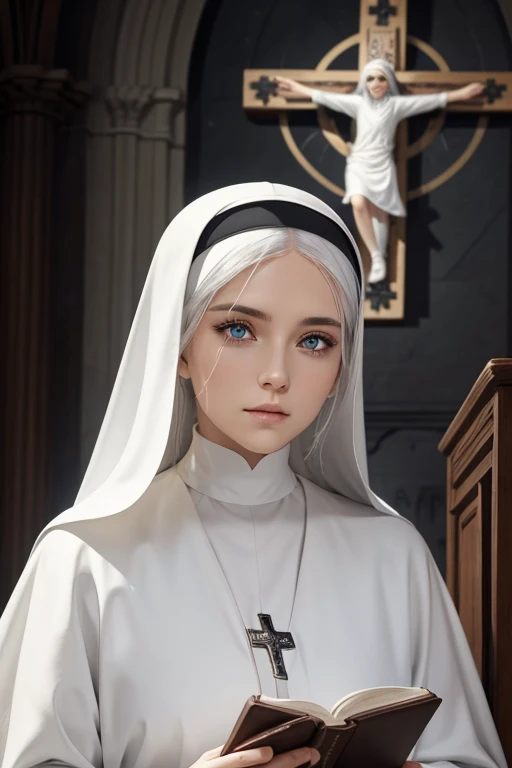 nun, cross, bible, white hair, church, realistic and detailed eyes