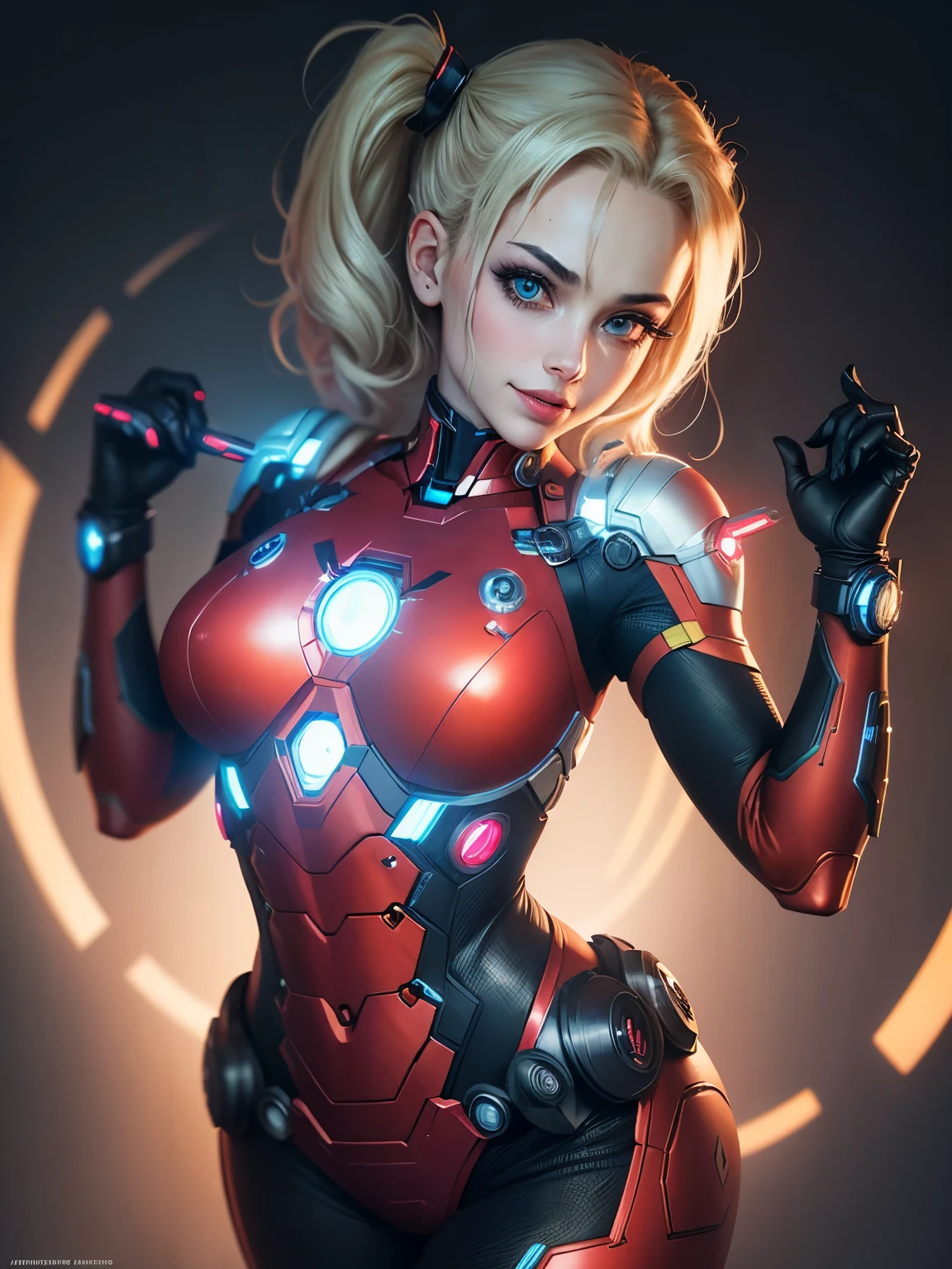 Harley Quinn (tetas grandes, Iron suit) от DC Comics, CGI with clear focus, Photorealistic, high detail, Realistic, Masterpiece, absurdress, Best Quality, HDR, hiquality, hight resolution, Extremely detailed, 8k wallpaper, intricate details, 8K UHD, Full-HD, (foto realista:1.2), Contrast, sharp lighting, Cinematic lighting, natural lighting, hard light, Backlighting, Global Illumination, Environment Occlusion
