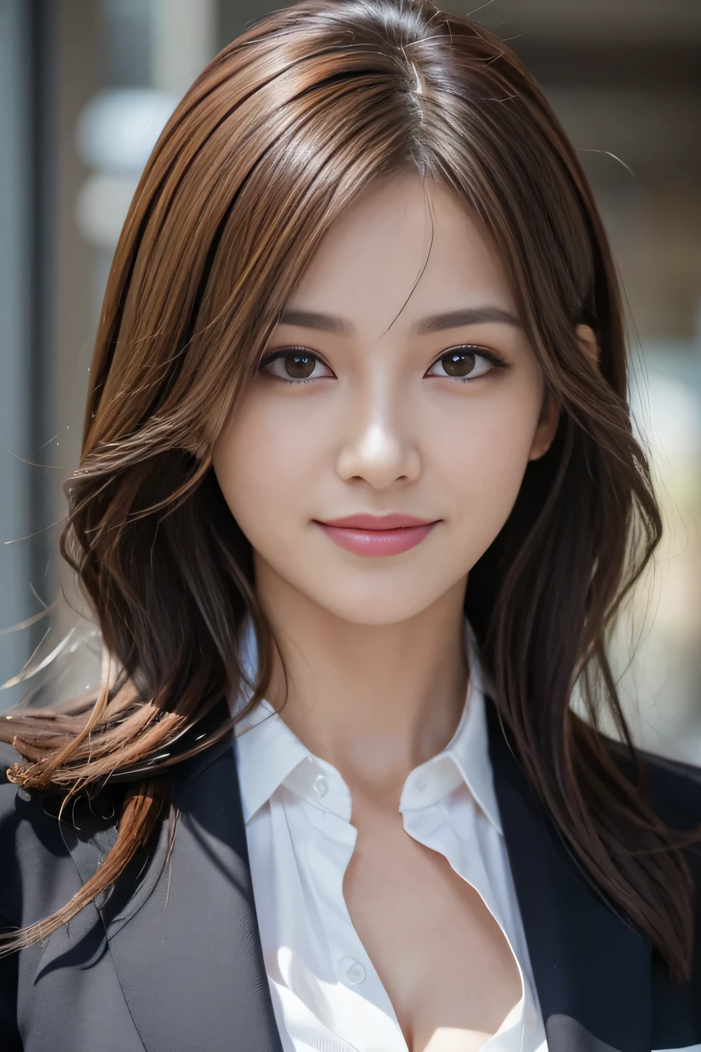 masutepiece, Best Quality, Photorealistic, Ultra-detailed, finely detail, High resolution, 8K Wallpaper, 1 beautiful woman,, light brown messy hair, in a business suit, foco nítido, Perfect dynamic composition, Beautiful detailed eyes, detailed hairs, Detailed realistic skin texture, Smiling, Close-up portrait, Model body type