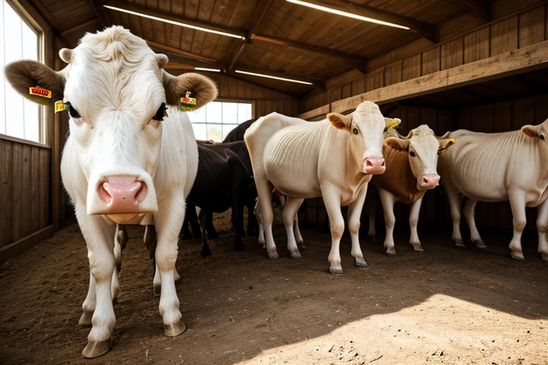 A veterinarian in a white lab coat standing in the stable next to some cows, [detailed appearance of the veterinarian], [calm and confident expression], [holding a stethoscope], [veterinary tools and equipment nearby], [clean and well-maintained stable], [cows with shiny coats and healthy appearances], [clear and comfortable lighting], [vet's attention focused on the animals], [vet performing a thorough examination], [cows standing calmly and cooperatively], [veterinary examination table in the background], [vet's expertise and professionalism evident], [cows' safety and well-being prioritized], [vet's compassionate care towards the animals], [clean and organized environment], [vet's dedication and passion for animal health], [veterinary expertise in diagnosing and treating livestock], [vet's commitment to improving animal welfare], [pleasant and peaceful atmosphere in the stable], (best quality, highres), [realistic and accurate representation], [rich and vibrant colors], [natural and balanced lighting], [faithfully depicting the beauty of the scene], [stunning and lifelike details].