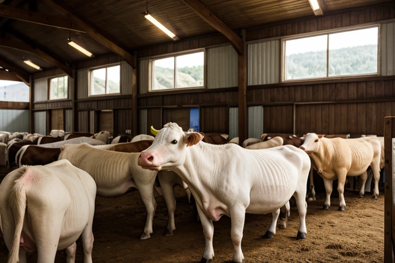 A veterinarian in a white lab coat standing in the stable next to some cows, [detailed appearance of the veterinarian], [calm and confident expression], [holding a stethoscope], [veterinary tools and equipment nearby], [clean and well-maintained stable], [cows with shiny coats and healthy appearances], [clear and comfortable lighting], [vet's attention focused on the animals], [vet performing a thorough examination], [cows standing calmly and cooperatively], [veterinary examination table in the background], [vet's expertise and professionalism evident], [cows' safety and well-being prioritized], [vet's compassionate care towards the animals], [clean and organized environment], [vet's dedication and passion for animal health], [veterinary expertise in diagnosing and treating livestock], [vet's commitment to improving animal welfare], [pleasant and peaceful atmosphere in the stable], (best quality, highres), [realistic and accurate representation], [rich and vibrant colors], [natural and balanced lighting], [faithfully depicting the beauty of the scene], [stunning and lifelike details].