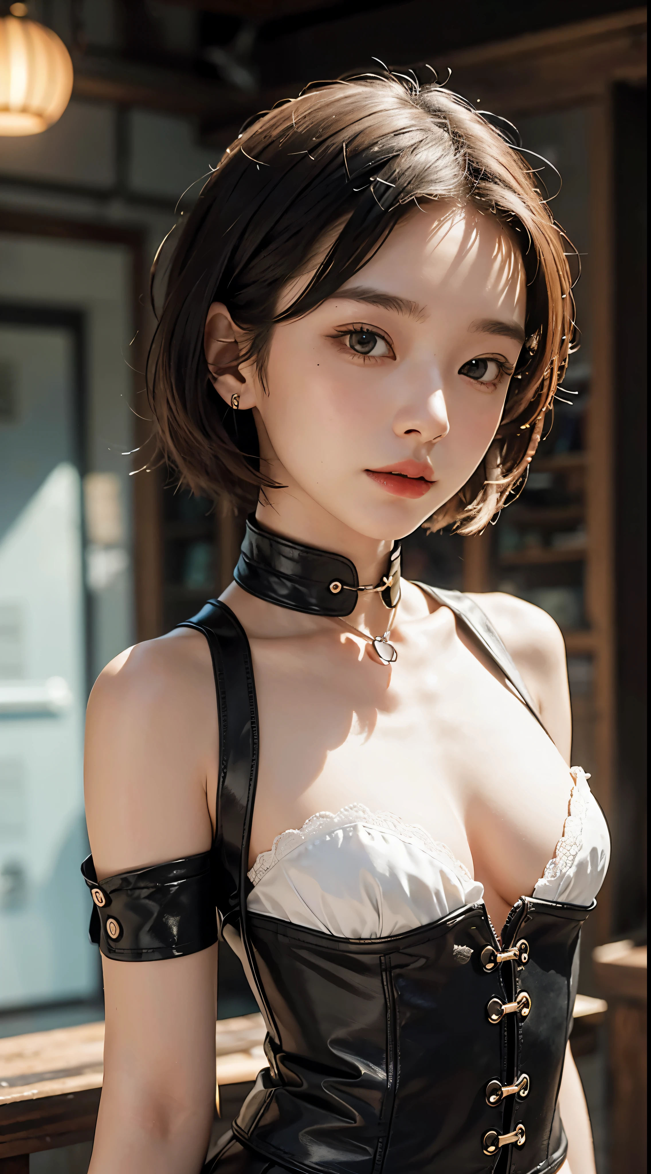 (top-quality, masterpiece: 1.1), (fidelity: 1.4), 1girl in, The upper part of the body, Bery short hair, studio,BDSM,Slave,Black corset,束缚,slavery,Slaves首輪,Slaves,pantiy,bound woman,両手をbound woman, silber hair