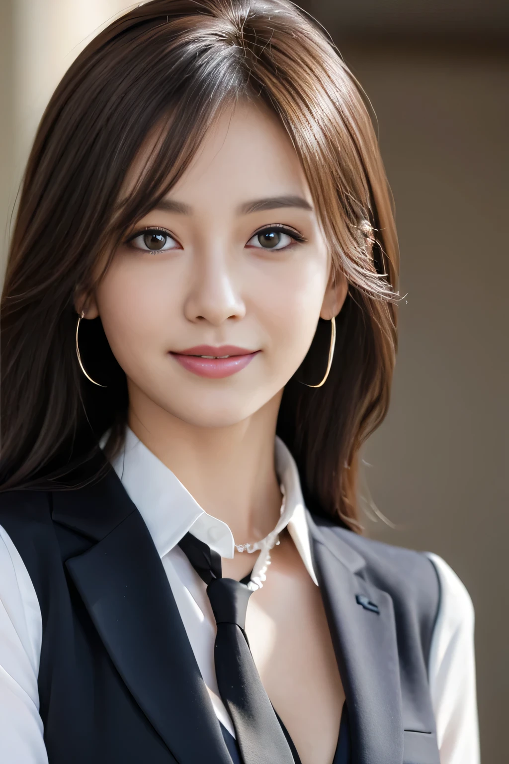 Tabletop, Japanese,highest quality, Realistic, Super detailed, In detail, High resolution, 8k wallpaper, 1. Beautiful Women,, Light brown messy hair, Wearing a business suit, Sharp focus, Perfect dynamic composition, Beautiful fine details, Fine hair, Detailed and realistic skin texture, smile, Close-up portrait, Model Body Type, White background,