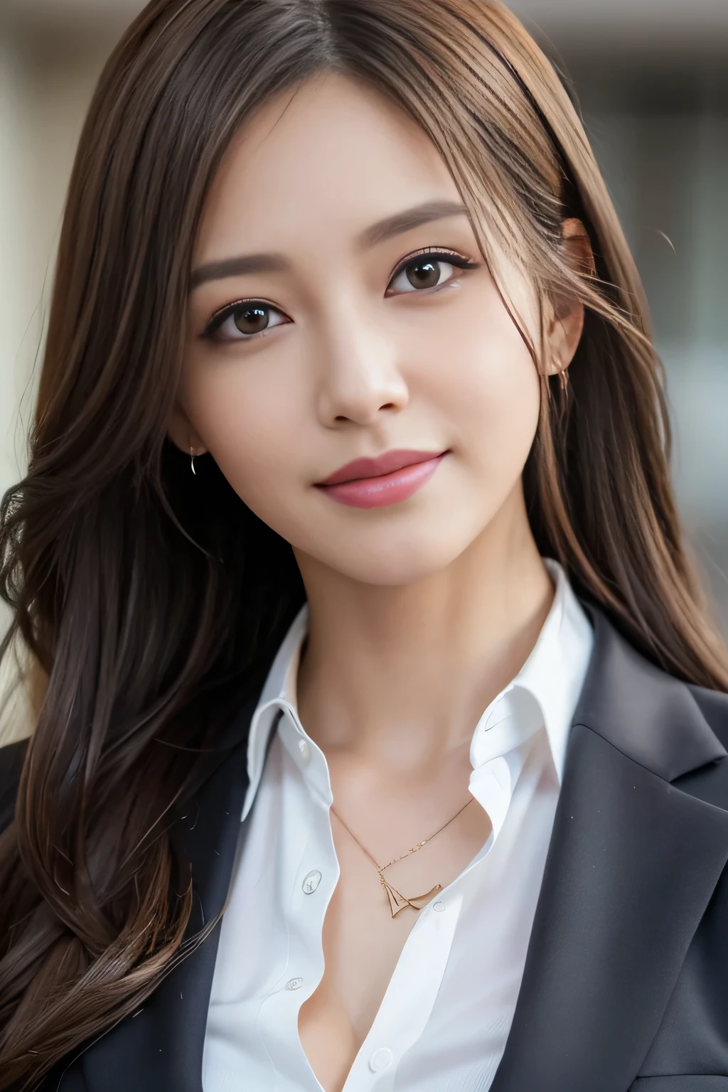 masutepiece, Best Quality, Photorealistic, Ultra-detailed, finely detail, High resolution, 8K Wallpaper, 1 beautiful woman,, light brown messy hair, in a business suit, foco nítido, Perfect dynamic composition, Beautiful detailed eyes, detailed hairs, Detailed realistic skin texture, Smiling, Close-up portrait, Model body type