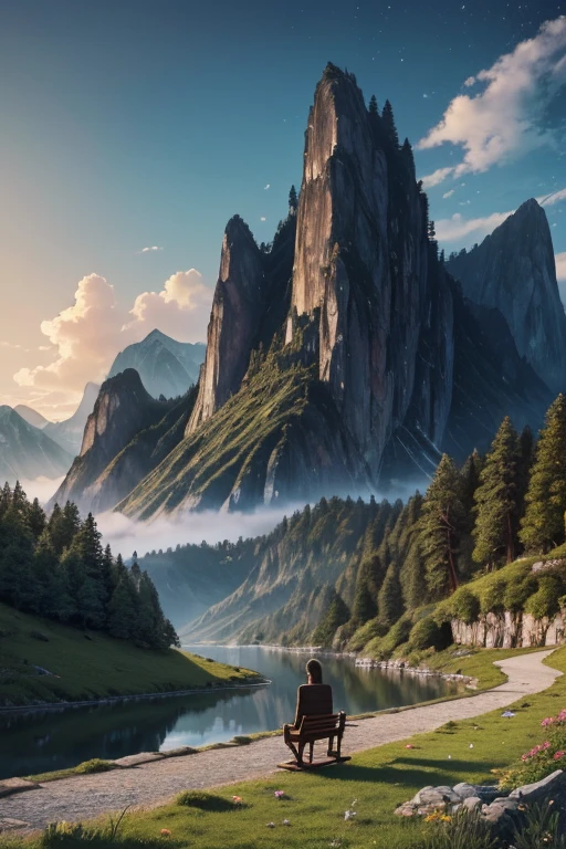 EbonyGoldAI masterpiece, best quality, high quality, high resolution, (((beautiful detailed sky))), grandeur, cottage, grand(magnificent, splendid), sight(view), great spectacle, High-definition, ((best shadow)), realistic, nature, scenery, cloud, mountain, grass, rock, hill, Cliff, tree, sidewalk, only background, the night sky, moonlight, ((ultra-detailed)), (best illustration), ((an extremely delicate and beautiful)), dynamic angle, river, trail, bench, Highest-quality image quality, Quiet, far_away