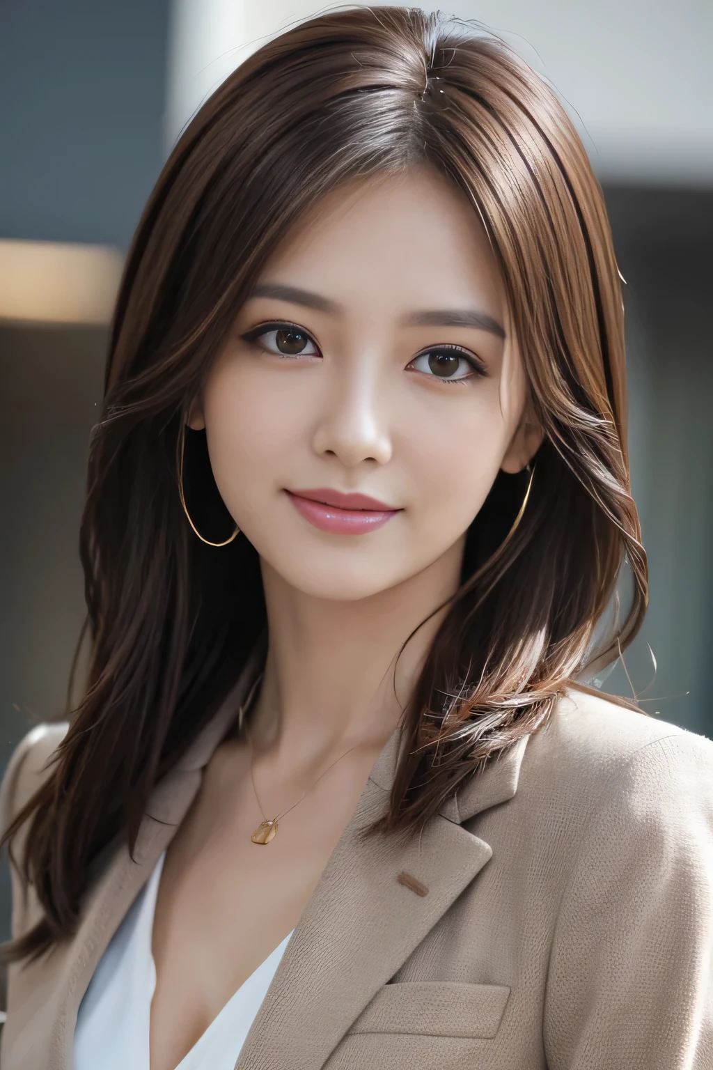 masutepiece, Best Quality, Photorealistic, Ultra-detailed, finely detail, High resolution, 8K Wallpaper, 1 beautiful woman,, light brown messy hair, in a business suit, foco nítido, Perfect dynamic composition, Beautiful detailed eyes, detailed hairs, Detailed realistic skin texture, Smiling, Close-up portrait, Model body type