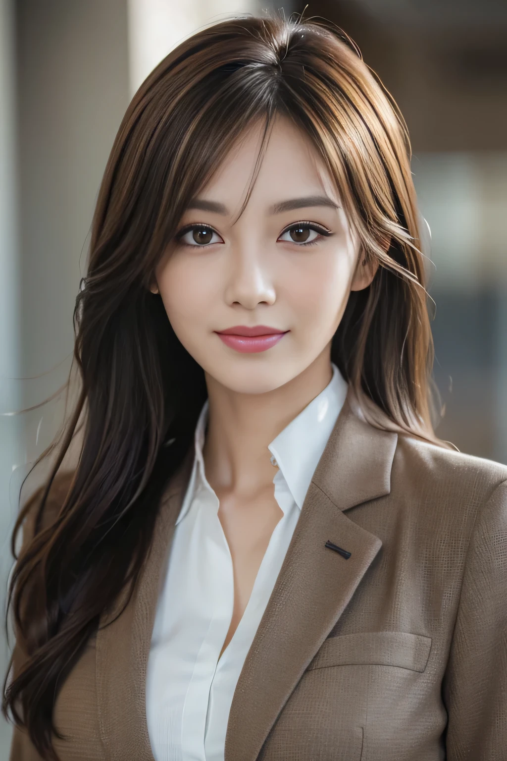 masutepiece, Best Quality, Photorealistic, Ultra-detailed, finely detail, High resolution, 8K Wallpaper, 1 beautiful woman,, light brown messy hair, in a business suit, foco nítido, Perfect dynamic composition, Beautiful detailed eyes, detailed hairs, Detailed realistic skin texture, Smiling, Close-up portrait, Model body type