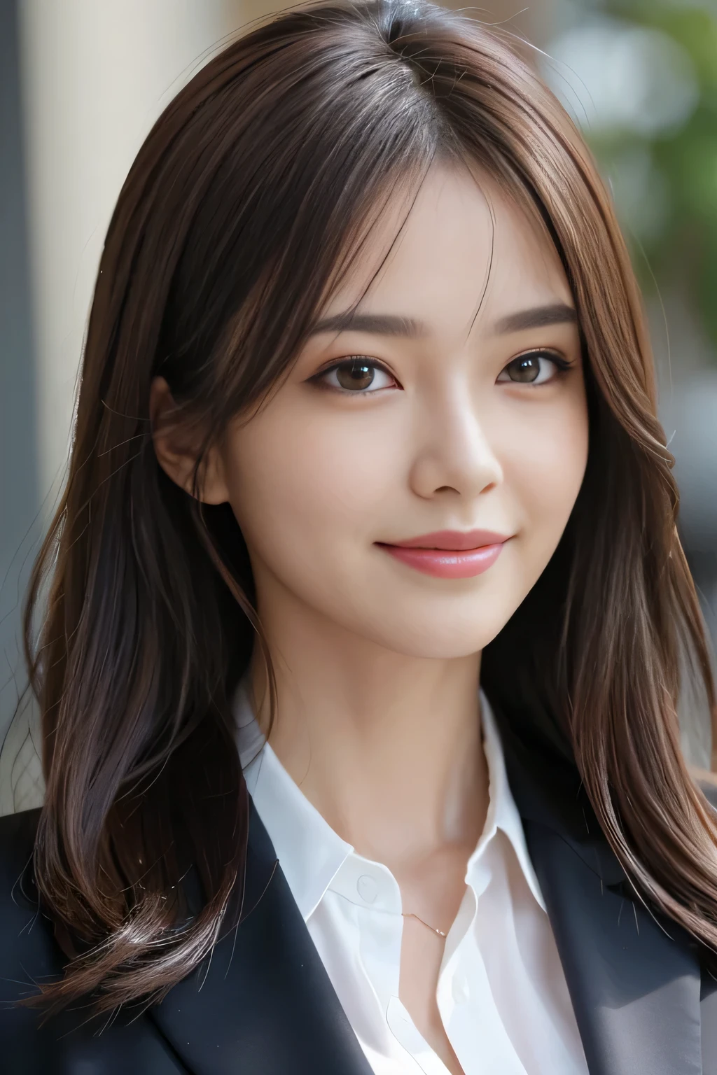 masutepiece, Best Quality, Photorealistic, Ultra-detailed, finely detail, High resolution, 8K Wallpaper, 1 beautiful woman,, light brown messy hair, in a business suit, foco nítido, Perfect dynamic composition, Beautiful detailed eyes, detailed hairs, Detailed realistic skin texture, Smiling, Close-up portrait, Model body type