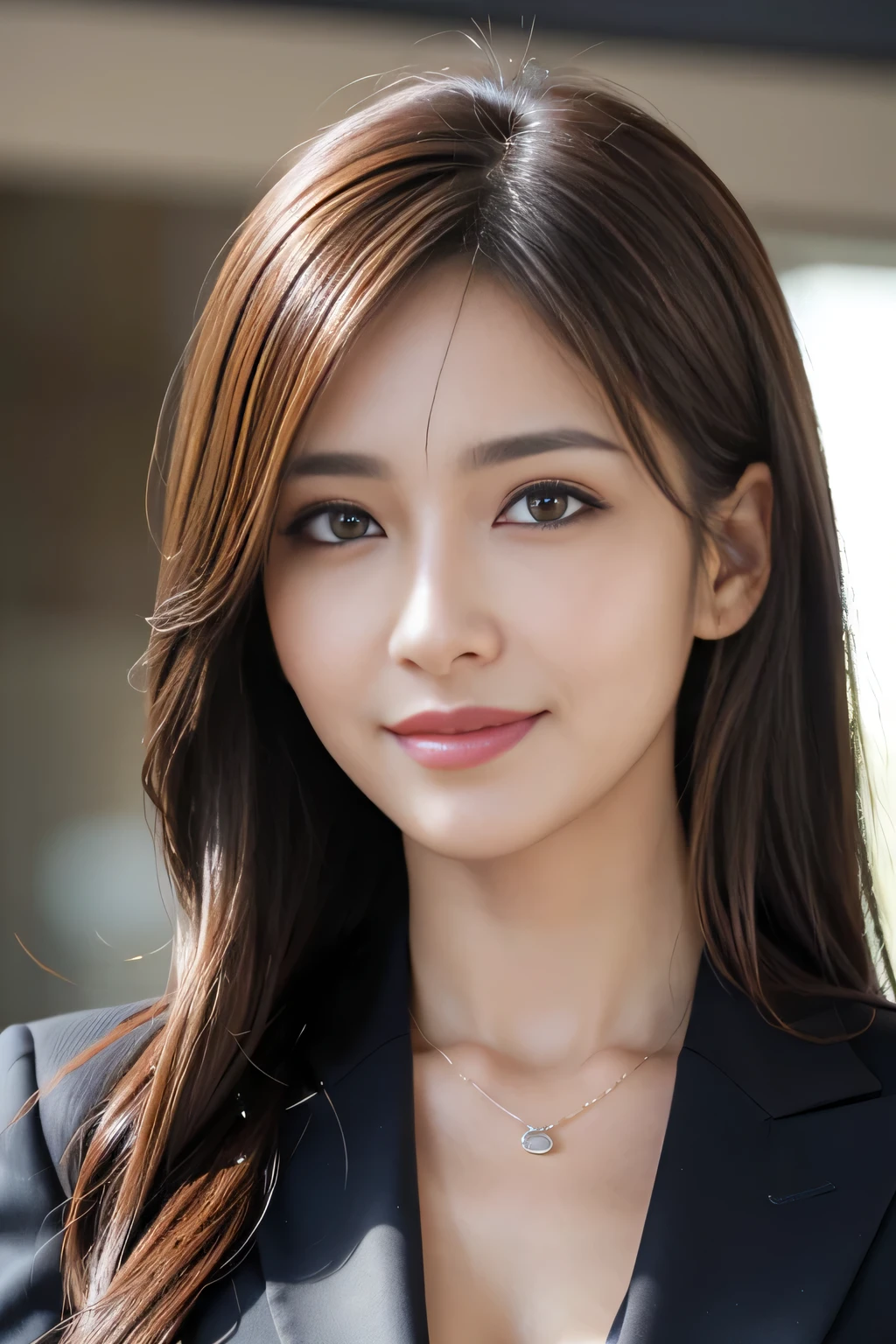 masutepiece, Best Quality, Photorealistic, Ultra-detailed, finely detail, High resolution, 8K Wallpaper, 1 beautiful woman,, light brown messy hair, in a business suit, foco nítido, Perfect dynamic composition, Beautiful detailed eyes, detailed hairs, Detailed realistic skin texture, Smiling, Close-up portrait, Model body type
