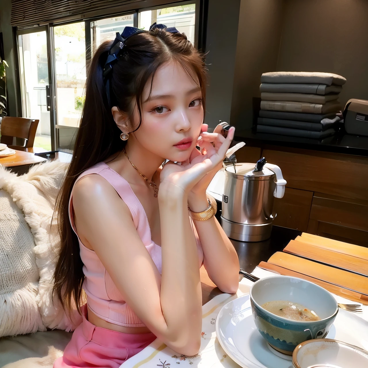 there is a woman sitting at a table with a bowl of soup, jennie blackpink, jisoo do blackpink, dilraba dilmurat, Jisoo do Blackpink, menina coreana, Sha Xi, Ulzzang, Parque Roseanne do Blackpink, jia, jossi do blackpink, Jinyoung Canela, Mulher sul-coreana bonita, Retrato Jisoo Blackpink, tzuyu de duas vezes