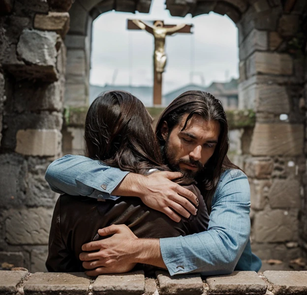 A man giving a hug to Jesus Christ with perfect face in an ancient castle gloomy shape