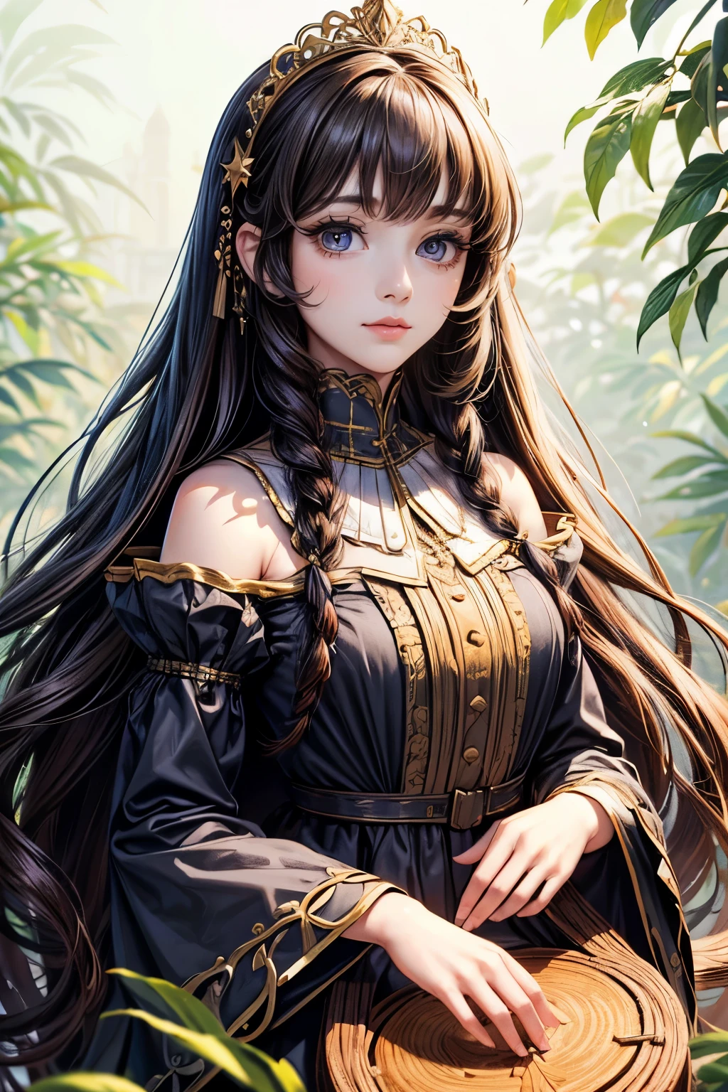 (best quality,8K,CG),detailed upper body,solitary girl,floral forest background,complex facial features,elegant long curly hair,almond-shaped big eyes,detailed eye makeup,long eyelashes,twinkling stars,exquisite lip details,soft and harmonious style.