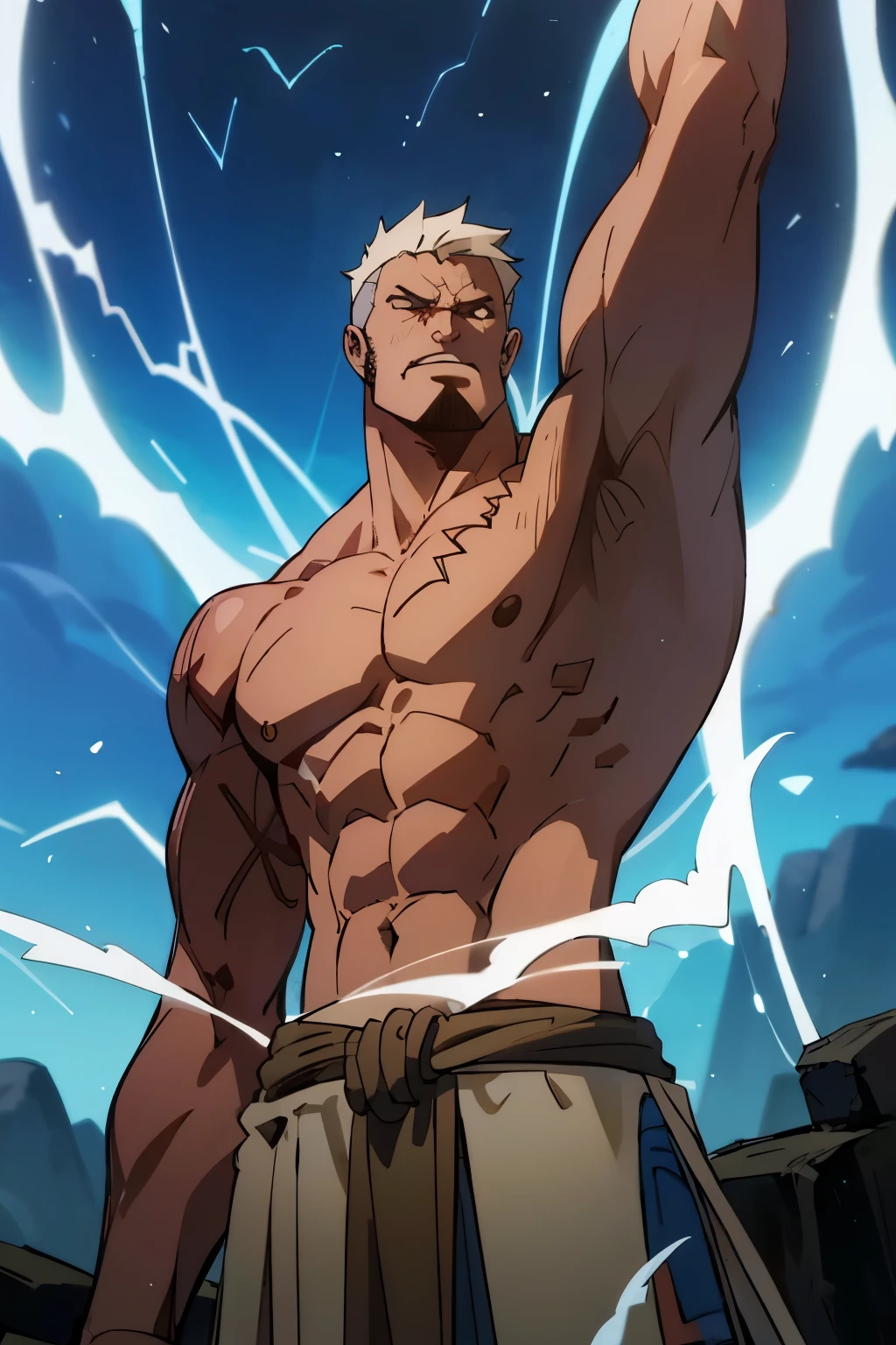 barbarous, RPG, cabelos curtos brancos, cicatrizes faciais, mjonir, thunders, Corpo muscular, pacote de seis, good hands, master part, Arte de Da Vinci, Athletic guy, Sem barba, thundersbolt, tempestade