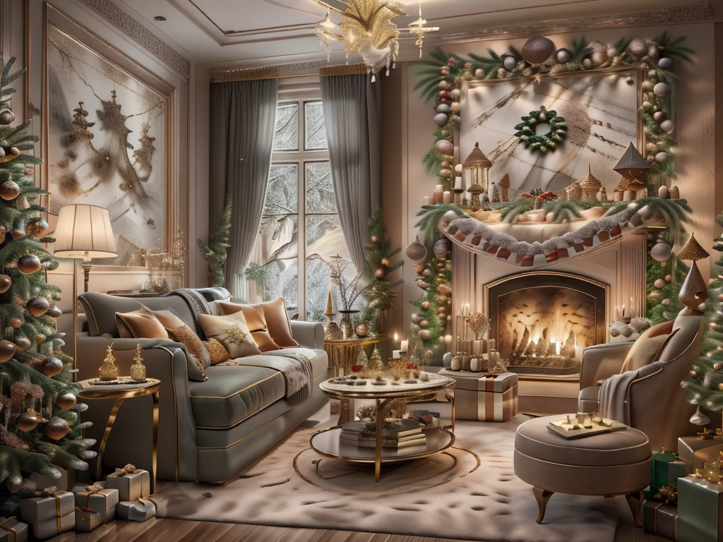 ultra real photo, tmasterpiece, Best quality, ultra - detailed, 超高分辨率, RAW photos,(Christmas living room),(圣诞豪华Decorative style),A fusion of gorgeous Christmas elements and symmetry,落地窗充满温暖的圣诞lamplight。Beautiful Christmas furniture is placed in the center,Includes comfortable Christmas style sofa and chairs,Mild color。(Huge Christmas artwork hanging on the wall),old color,(Christmas unique style)。(墙壁Decorative style以圣诞元素Decorative style,The fireplace is warm、Lanterns hanging on the stairs、Colorful gifts wrapped under the Christmas tree、The floor is piled with gifts、wooden floor、Decorative style的松树、镶wooden floor、Manta ray and green、Christmas atmosphere、传统的Christmas atmosphere、Merry Christmas、gift tags、Christmas wreath、Decorative style、metal ribbon、Christmas tree lights、Candy and Snacks,Gingerbread Man,lamplight),Complements the mirror wall,Broaden the sense of space。(Ornate ceiling design with Christmas elements,悬挂的圣诞彩灯Decorative style让房间充满温暖, Soft lighting)。European Christmas style living room,ultra real photo,Extremely detailed and highest quality CG Unity 8K wallpapers