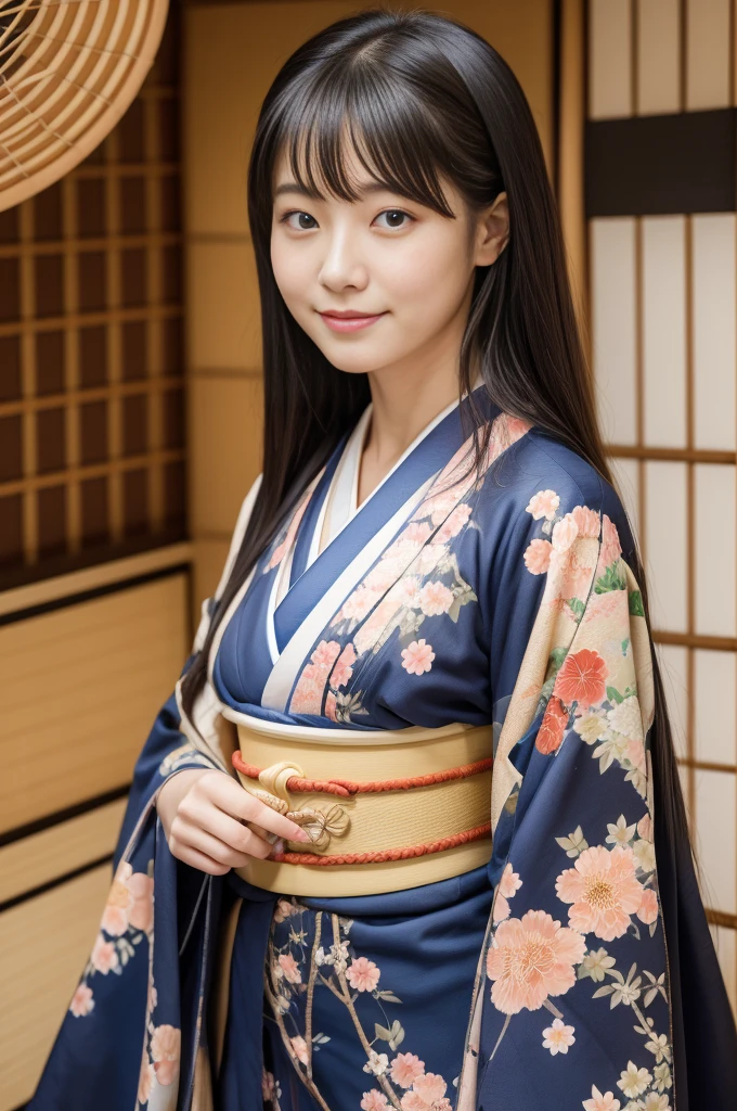 1 beautiful Japan model, 18-year-old female model,  4K、An ultra-high picture quality、bangss、A dark-haired、Kyo-Yuzen、(Kimono, Furisode、Floral pattern in Japanese style:1.5)、(Super cute face in idol style:1.4)、slim and beautiful figure、beutiful breast、A smile、full body Esbian:1.2、1 moon、