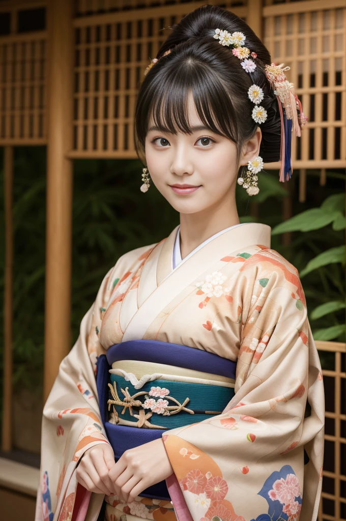 1 beautiful Japan model, 18-year-old female model, 4K、An ultra-high picture quality、bangss、A dark-haired、Kyo-Yuzen、(Kimono, Furisode、Floral pattern in Japanese style:1.5)、(Super cute face in idol style:1.4)、slim and beautiful figure、beutiful breast、A smile、full body Esbian:1.2、1 moon、