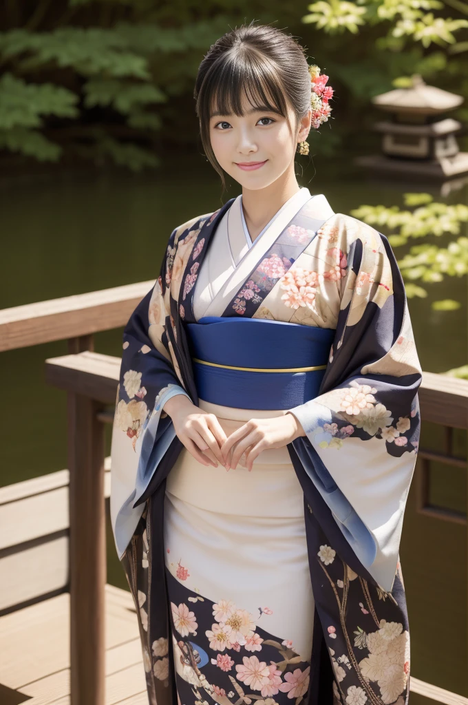 1 beautiful Japan model, 18-year-old female model, 4K、An ultra-high picture quality、bangss、A dark-haired、Kyo-Yuzen、(Kimono, Furisode、Floral pattern in Japanese style:1.5)、(Super cute face in idol style:1.4)、slim and beautiful figure、beutiful breast、A smile、full body Esbian:1.2、1 moon、