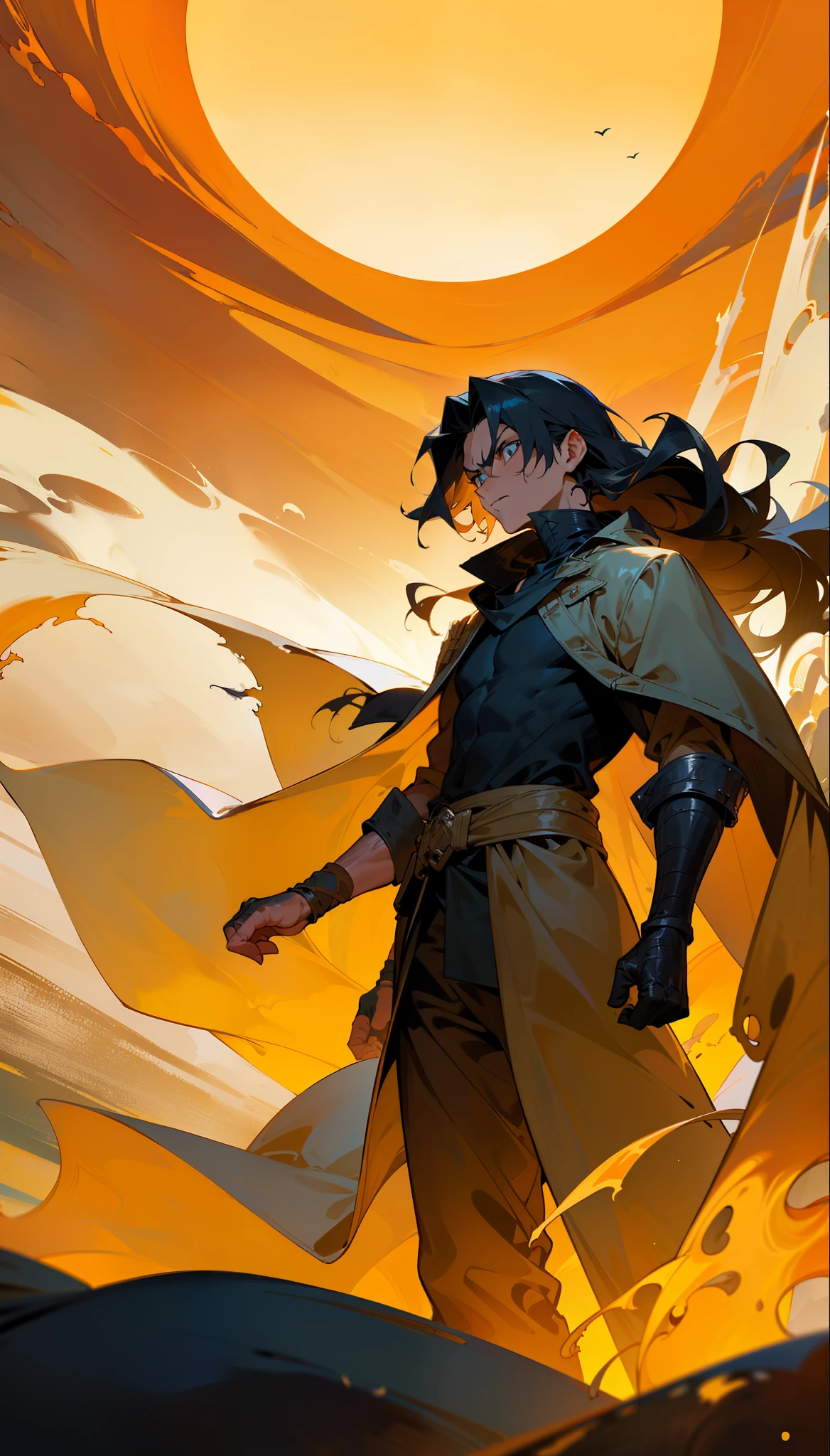 (a cool,menacing,sharp-eyed:1.1) thief with (long:wavy) hair, (wearing:1.1) (shrouded and torn) clothes, (standing:1.1) in the (vast,scorching) desert. The thief exudes an air of mystery and danger with his (menacing,sharp:1.1) eyes and (confidence:1.1) demeanor. His (dark:black) hair flows in the wind, adding to his rugged appearance. He is dressed in (shrouded and torn) clothes that blend into the desolate landscape.

The desert stretches as far as the eye can see, with (sand dunes:1.1) and (sandstorms:1.1) creating a hostile environment. The thief navigates the terrain with (graceful:elegant:1.1) movements, (leaping from dune to dune) and (disappearing into the sandstorm) with a sense of (mysterious agility:1.1).

The (harsh:blazing) sun casts a (golden:warm) glow across the desert, illuminating the (vivid:rich) colors of the thief's clothes and highlighting the (contrasting:1.1) shadows on his face. The (warm:1.1) tones of the desert create a (sense of warmth:1.1), adding to the overall atmosphere of the scene.

The thief's (menacing:1.1) expression reflects his (determination and focus:1.1), as he carefully plans his next move. His sharp eyes scan the surroundings, (searching for his next target:1.1) and ( sure he is not being followed).

In the distance, the silhouette of a (forgotten and crumbling) village can be seen, reminding the viewer of the thief's mysterious origins and providing a glimpse into his tumultuous past. The (desolate:1.1) landscape and the thief's presence create a sense of (loneliness and isolation:1.1).

With every step, the thief brings a sense of excitement and danger to the desert, leaving a trail of (intrigue and mystery:1.1) in his wake. The combination of his (cool demeanor:1.1), (long:wavy) hair, and (shrouded and torn) clothes make him a captivating figure in this harsh and unforgiving environment.