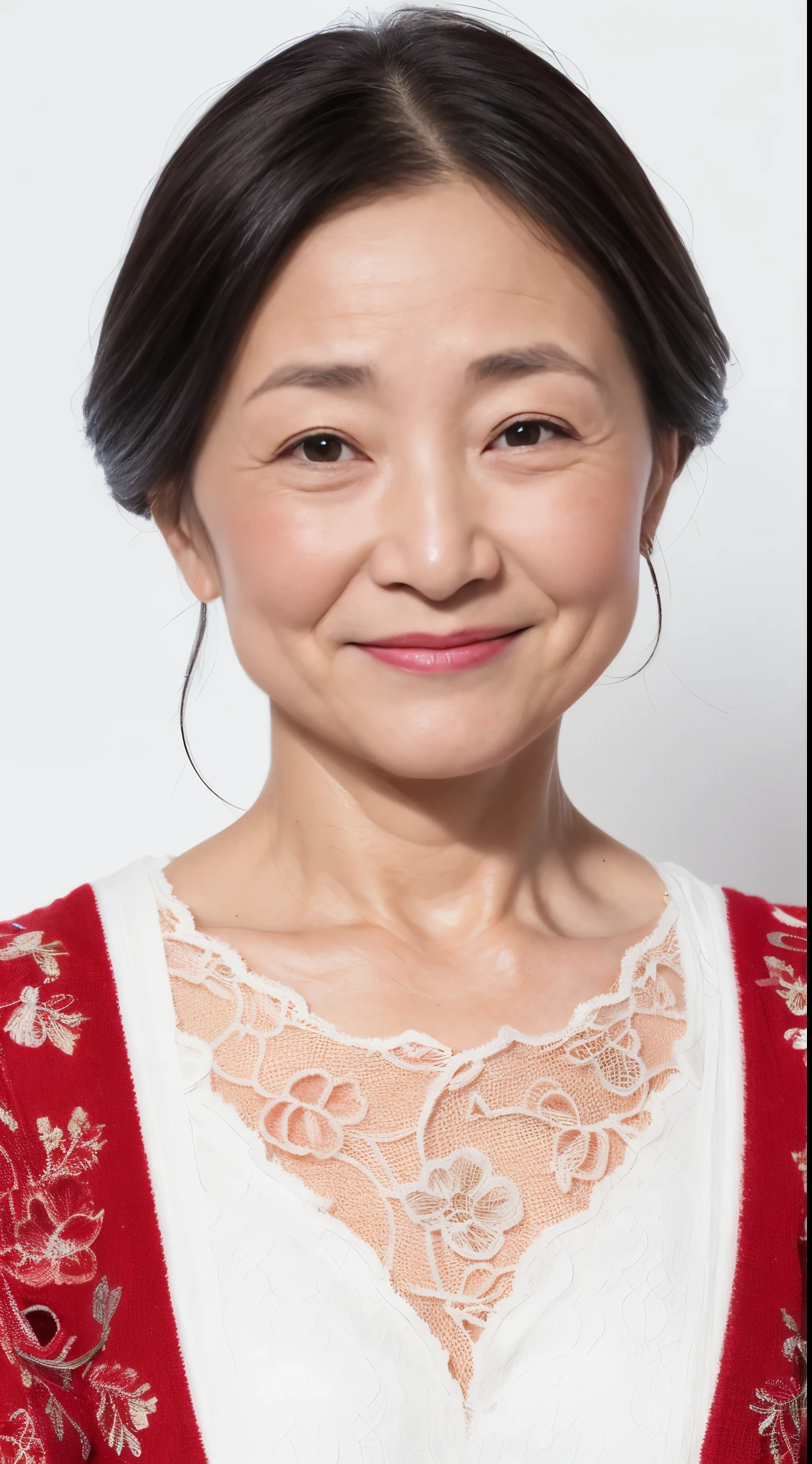 (((Solo))), Elderly Mature Woman, Pure white background, gravure, facing front, ((Center your face on the screen)), Wear a slip, Correctly depict lips,red-lips, Fancy makeup, from the chest up, masuter piece, Best Quality, Ultra-detailed, Photorealistic, Ultra-detailed細なスキン, Perfect Anatomy, (1 japanese mature woman), (Positive), 95 years old, Tremendous big, elderly fashion model, glamor, A sexy, Chromo-white skin, Looking at Viewer,