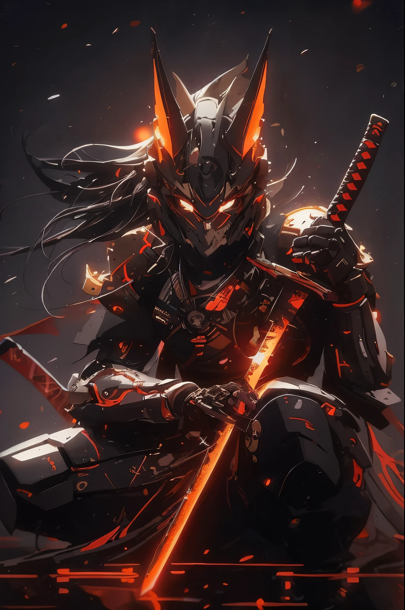 a close up of a person holding a sword in a dark room, very beautiful cyberpunk samurai, cyberpunk samurai, portrait of a cyberpunk samurai, neon samurai, cyborg samurai, badass anime 8 k, demon samurai, demon samurai warrior, fractal cyborg ninja background, anime mecha aesthetic, anime cyberpunk art, digital cyberpunk anime art, 4k anime wallpaper, anime wallpaper 4k