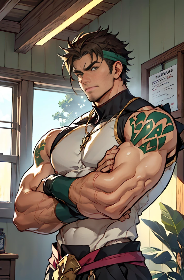 show off thick arms to the audience,Side Body,Sense of evil,Sharp eyes,Thick dark brown hair on crotch,Upper body clothes,closeup of arms,The protagonist enthusiastically hugged a thinner and shorter peer around his waist. The peer looked full of enjoyment.,There are strange dark green patterns on his shoulders,Shoulders exposed,Stout arms,Shoulders very broad,Muscles protrude a lot,Bulging crotch,(Long and explosive legtremely tall height),Highest image quality,Pessoas do sexo masculino,Child,1 menino,jovem e bonito,Shoun,Cabelo liso curto,Pele escura,Anime peito grande,anime wallpaper,sozinho,Foco Masculino,cuecas,Dilation of the pectoral muscles,capa vermelhirilha saliente,Fundo Urbano,Espalhe as pernas,sexy,(master part, best quality),meias brancas longaotas Red Martin,((Exaggerated bulge of muscles)),The protagonist is very tall and his head almost reaches the ceiling.,The background is in an interior with vintage furniture and vintage wooden floor surrounding,Lush woods outside the window,musclebound and hulking, muscular characters, super buff and cool, tall and muscular, muscular!!, very buff, 2 muscular attractive men, massive muscles, big muscle, Muscular men, Two anime handsome men, muscular!, gigachad muscles, muscular bodies, muscular character,Giant arm