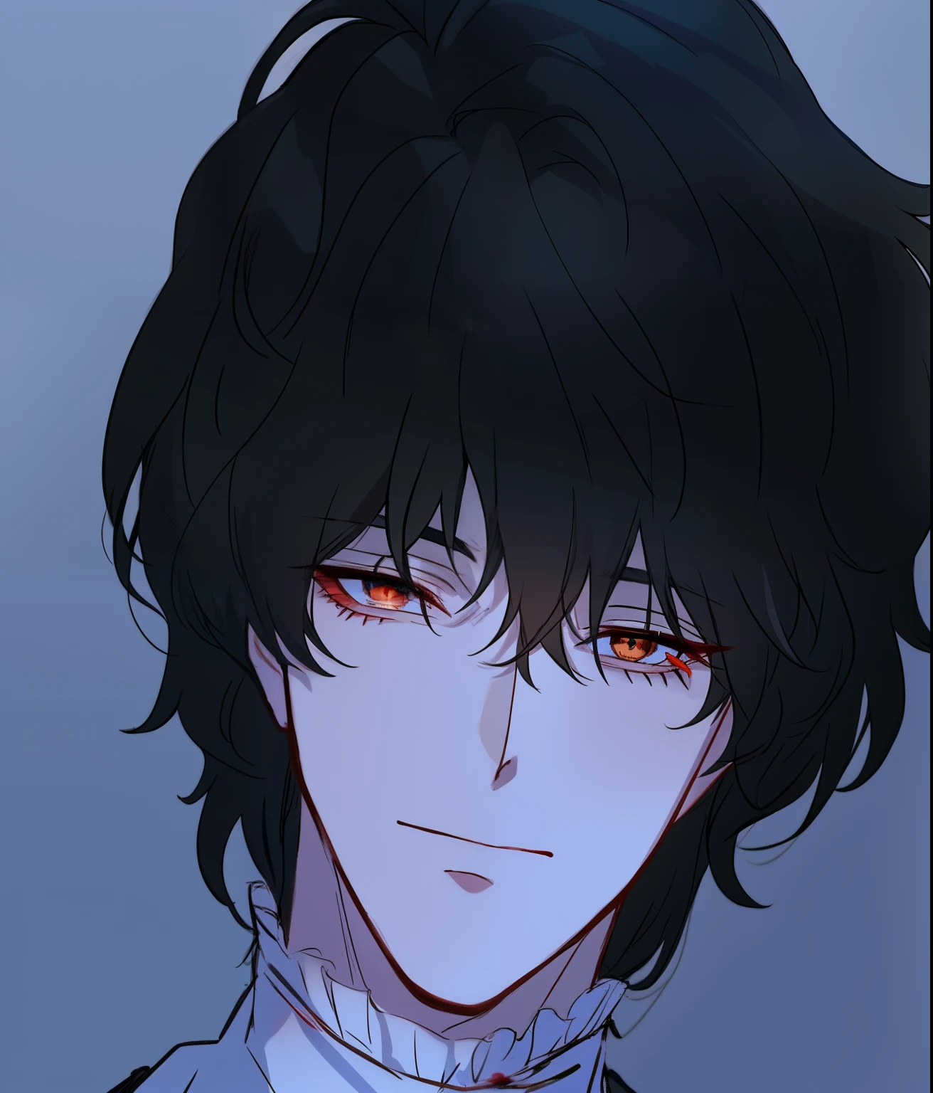 imagem de anime de um homem com cabelo preto e camisa de colarinho branco, cara bonito na arte blood's madame gisele, Delicate prince, , cara de anime alto com olhos azuis, handsome prince, No estilo de arte de Bowater, com olhos amarelos brilhantes, Retrato Gapmoe Yandere Grimdark, inspirado em Okumura Masanobu